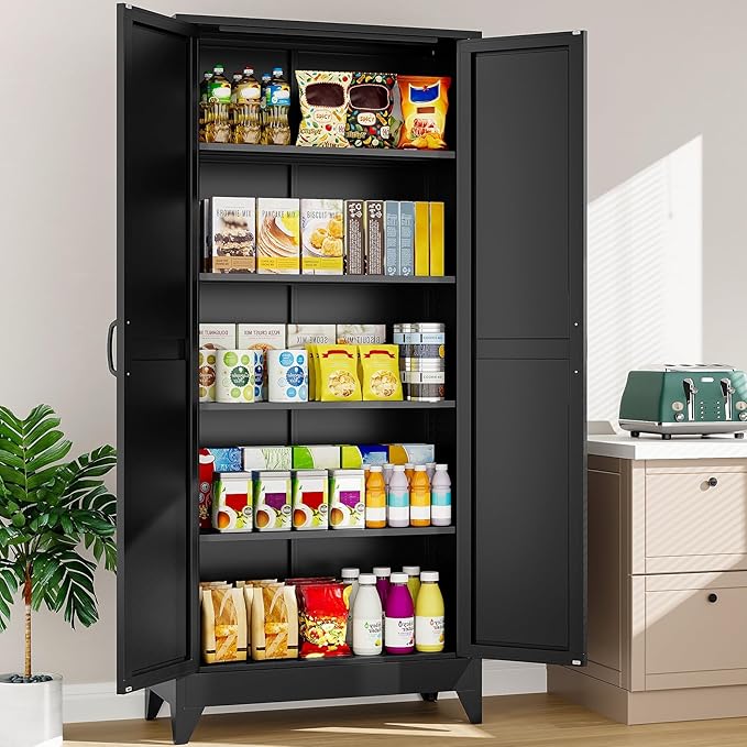 75" Tall Pantry Cabinet,Farmhouse Kitchen Pantry Storage Cabinets with 2 Doors and 5 Shelves,Black Metal Storage Cabinet,Large Cupboard for Home,Kitchen,Dining/Living Room-CasaMuseHome