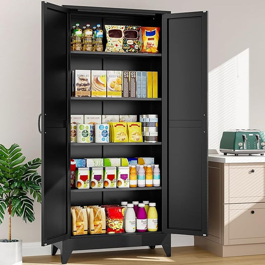 75" Tall Pantry Cabinet,Farmhouse Kitchen Pantry Storage Cabinets with 2 Doors and 5 Shelves,Black Metal Storage Cabinet,Large Cupboard for Home,Kitchen,Dining/Living Room-CasaMuseHome