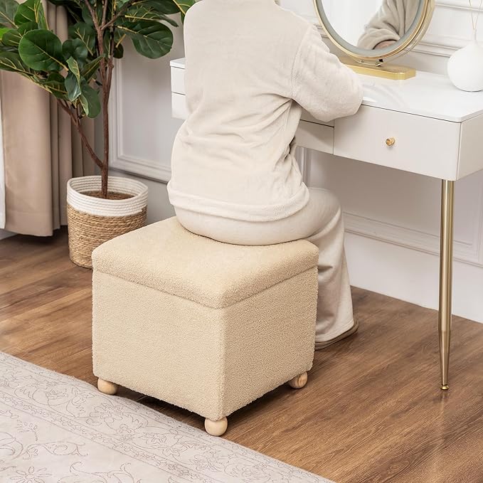 Adeco 17 Inch Soft Oatmeal Cube Ottoman Storage, Teddy Velvet Chair Foot Stools, Upholstered Vanity Stool with Hinged Lid, Solid Round Wood Legs-CasaMuseHome