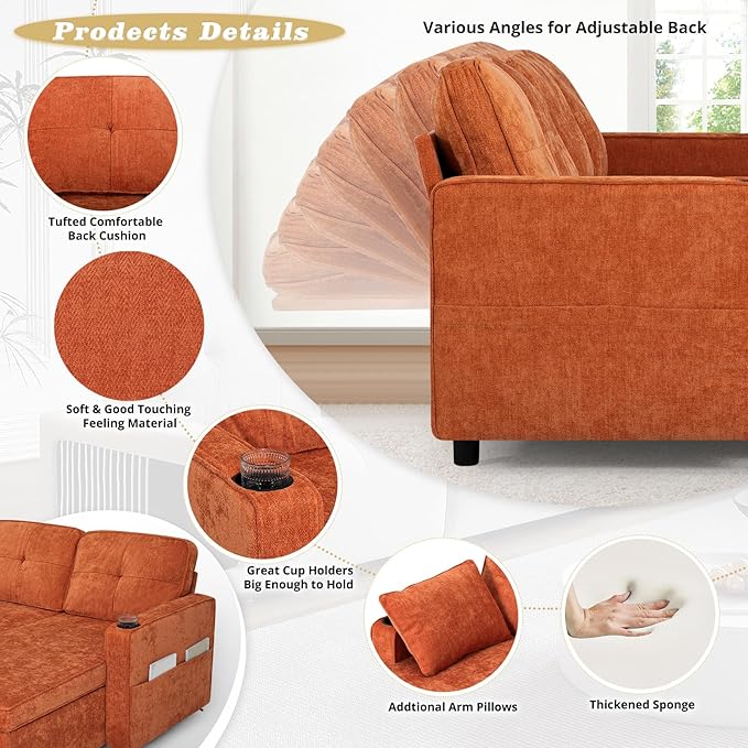 ACMEASE110“ Inches L-Shaped Pull Out Sofa Bed w/Storage Chaise & Adjustable Back, Chenille Sectional Sofa w/USB Port,Tufted Sleeper Couch w/Cup Holders for Living Room, Orange-CasaMuseHome
