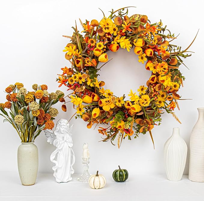 22 Inches Fall Wreaths for Front Door Rustic Autumn Wreath Farmhouse Fall Floral Wreaths with Tulips Orange Wildflowers for Wall Window Porch Indoor Outside-CasaMuseHome