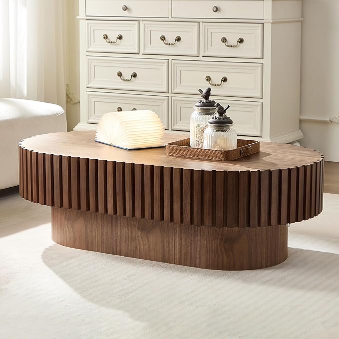 43.7" Oval Coffee Table for Living Room,Modern Handcraft Drum Coffee TableSmall Wooden Coffee Table with Sturdy Pedestal Easy Assembly for Office-Walnut-CasaMuseHome