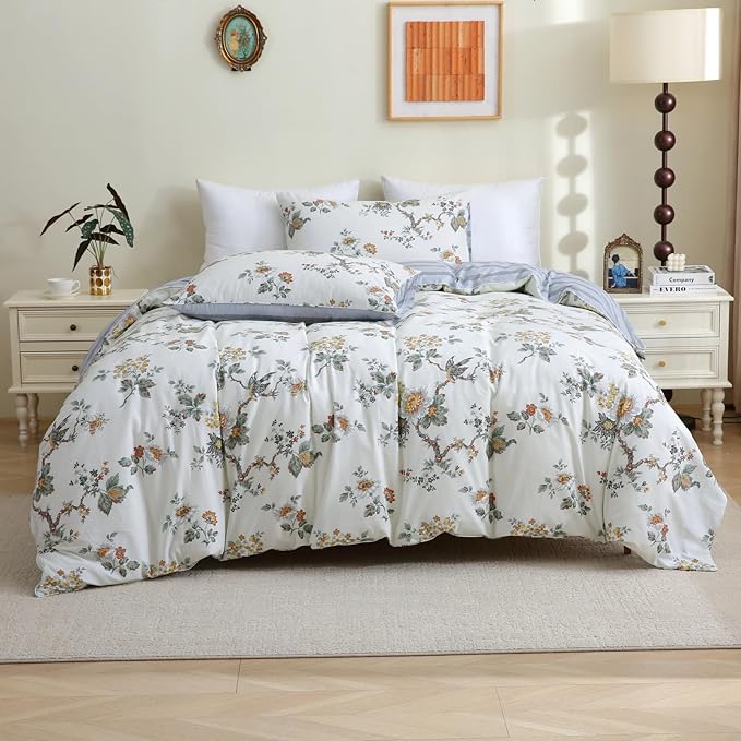 ABREEZE Floral Duvet Cover King Size Set Bird Flowers Bedding Set 100% Brushed Cotton Bedding Collection 1 Duvet Cover with 2 Pillowcases White-CasaMuseHome