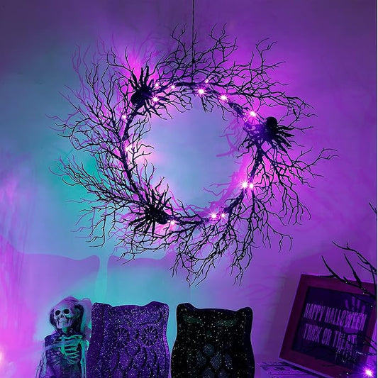 24 Inch Halloween Wreath for Front Door - Lighted Black Spider Wreath with Purple LED Lights, Outdoor/Indoor Spooky Decorations for Halloween Party, Porch, Holiday Home Decor-CasaMuseHome
