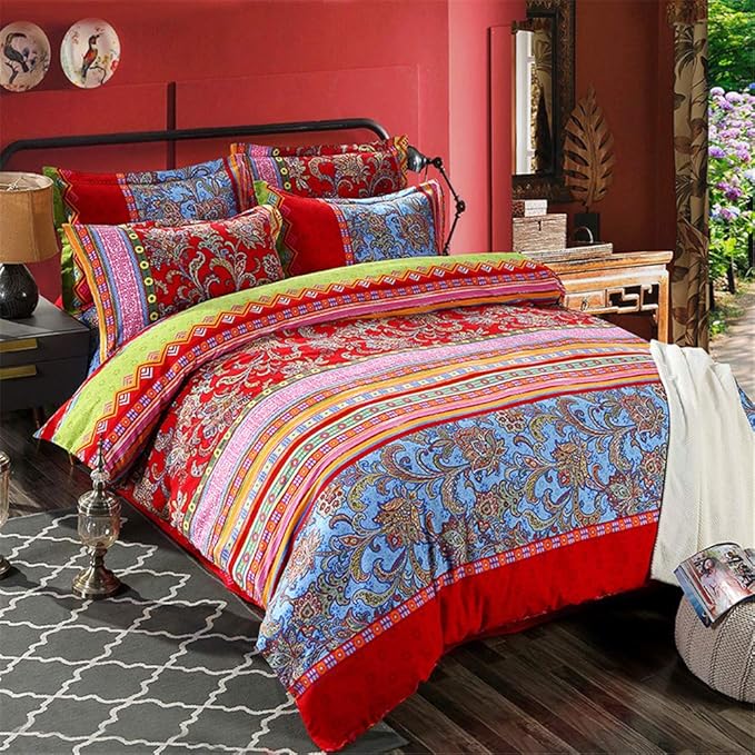 ABREEZE Bohemian Duvet Cover Set Colorful Red Boho Retro Bedding Set Damask Paisley Cotton Duvet Cover Tribal Reversible Bedding Exotic Style Comforter Cover 3-Piece Queen-CasaMuseHome