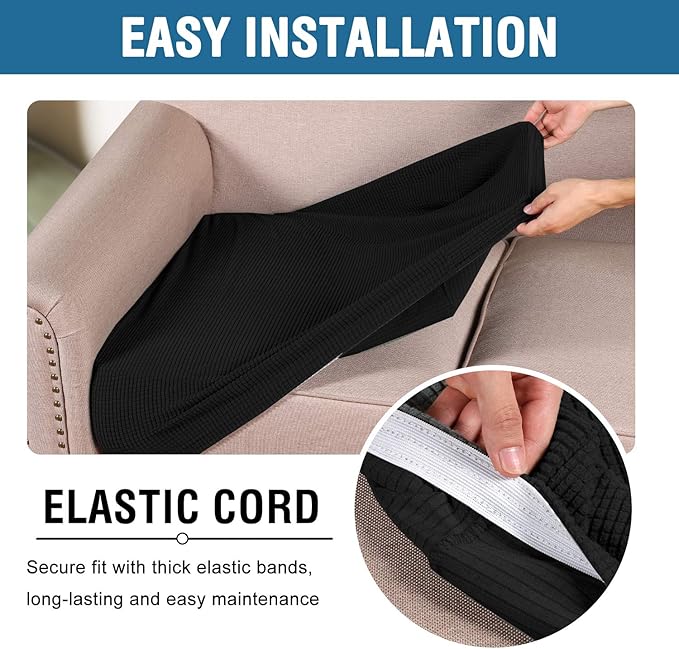 H.VERSAILTEX Super Stretch Individual Seat Cushion Covers Sofa Covers Couch Cushion Covers Slipcover Sets Thick Jacquard Textured Twill Fabric (2 Piece Medium Sofa Cushion Covers, Black)-CasaMuseHome