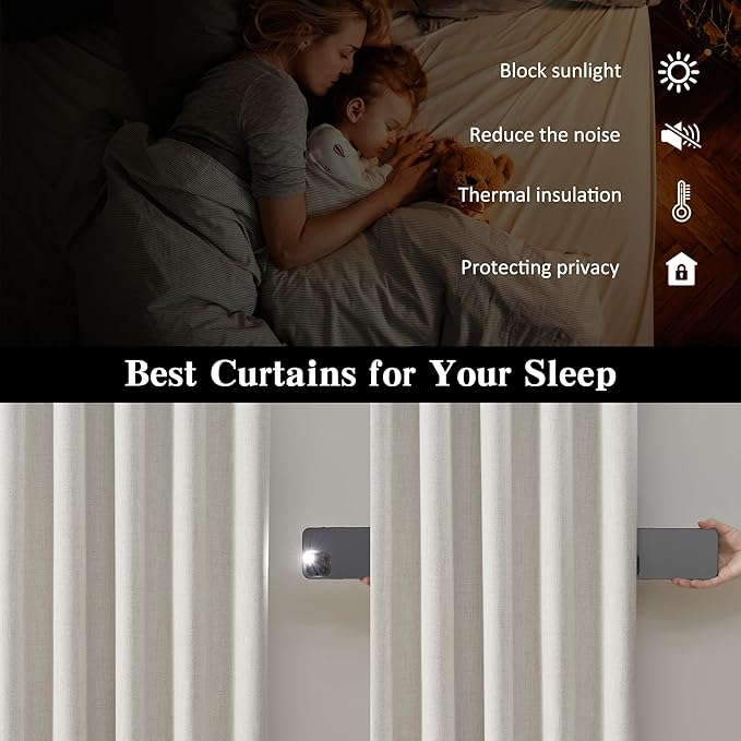 2 PCs Extra Wide Linen Blackout Curtains 102 Inches Long,Back Tab Pleaetd Drapes with Hooks Track System Curtain Panels Room Divider Curtains for Patio Sliding Door Living Room 70 x 102 Natural Birch-CasaMuseHome