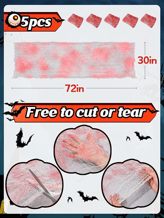 5Pcs Halloween Blood Red Creepy Cloth- Spooky Gauze Fabric Cloth for Haunted Horror House Halloween Party Doorway Outdoors Decoration (30" ×72")-CasaMuseHome