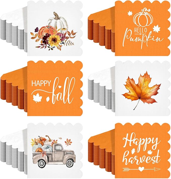 150 Pcs 5 x 5 Inches Fall Thanksgiving Paper Napkins Autumn Pumpkin Scalloped Cocktail Napkins for Decoupage Disposable Autumn Harvest Party Supply Bathroom Table Dessert Dinner Wedding Decor-CasaMuseHome