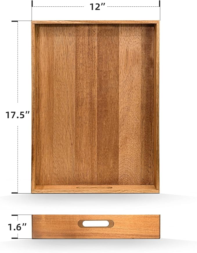 Acacia Wood Serving Tray with Handles (17 Inches) – Decorative Serving Trays Platter for Breakfast in Bed, Lunch, Dinner, Appetizers, Patio, Ottoman, Coffee Table, BBQ, Party –Great for Lap &Couch-CasaMuseHome