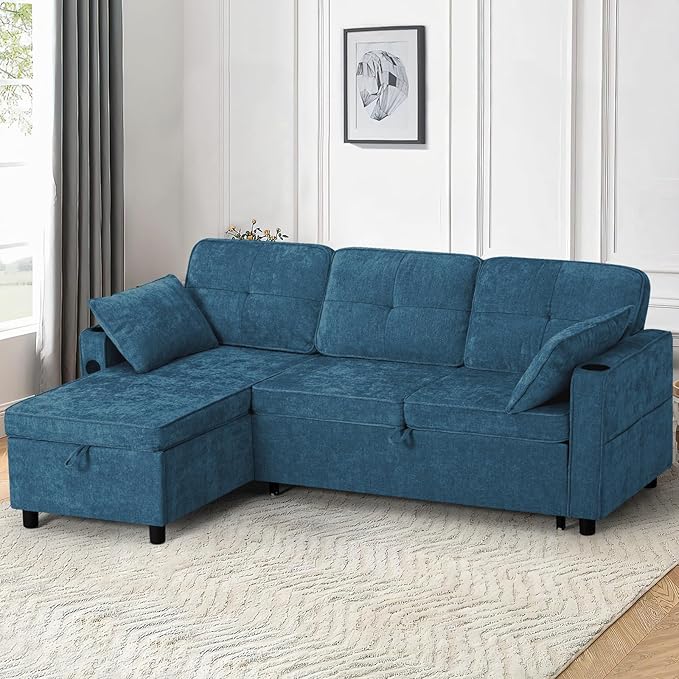 84 Inches Chenille Sectional Sofa w/Pull-Out Sofa Bed & Adjustable Back, Tufted L-Shaped Couch w/Storage Chaise, Sleeper Sectional Sofa w/USB Port & Cup Holders for Living Room, Blue-CasaMuseHome