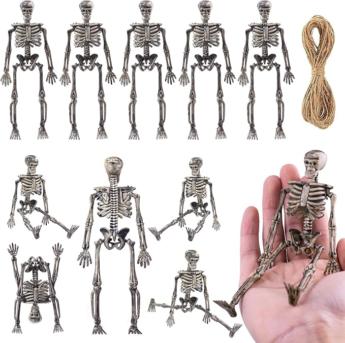 10 Pcs mini skeleton halloween decoration With hemp rope，6”small plastic posable halloween tiny skeleton figurines decor for Halloween Indoor Outdoor Graveyard Decor Haunted House Party Favors-CasaMuseHome