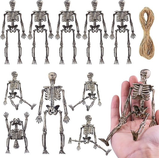 10 Pcs mini skeleton halloween decoration With hemp rope，6”small plastic posable halloween tiny skeleton figurines decor for Halloween Indoor Outdoor Graveyard Decor Haunted House Party Favors-CasaMuseHome