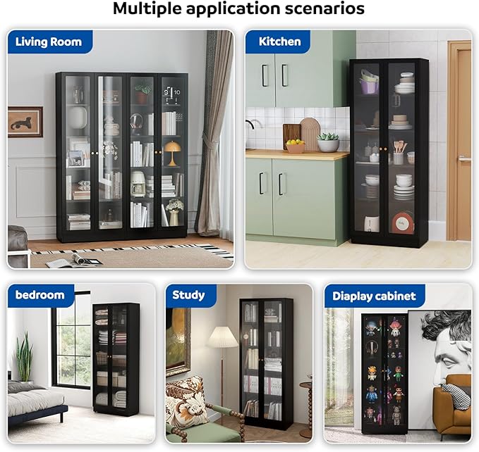 5 Tier Metal Curio Cabinets, Modern Bookshelf Cabinet with 4 Adjustable Shelves, Cabinet Display Case for Home Office, Living Room, Pantry (Black-27.5W)-CasaMuseHome