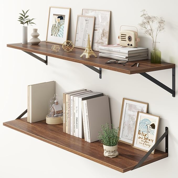 12 Inch Deep Floating Shelves,48W x 12D Floating Shelves, Deep Wall Shelves Bracket Set of 2, Large Display Floating Shelf for Bathroom, Living Room, Wide Storage Wooden Wall Shelf, Walnut-CasaMuseHome