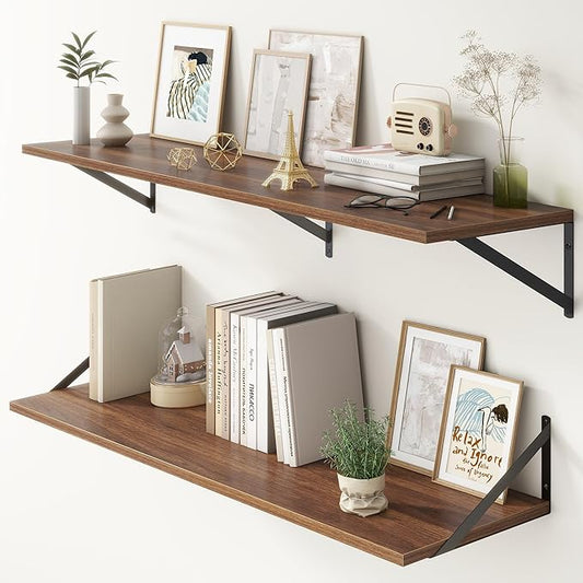 12 Inch Deep Floating Shelves,48W x 12D Floating Shelves, Deep Wall Shelves Bracket Set of 2, Large Display Floating Shelf for Bathroom, Living Room, Wide Storage Wooden Wall Shelf, Walnut-CasaMuseHome