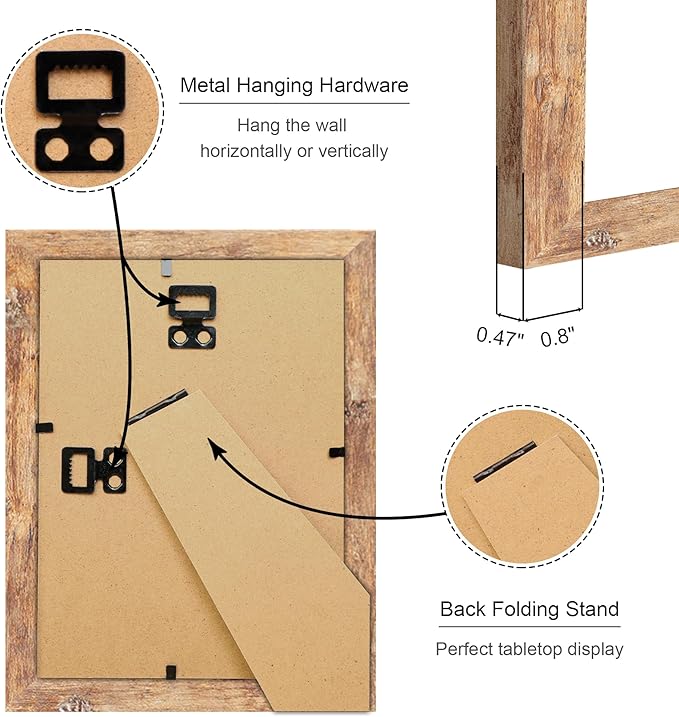 5x7 Picture Frame Set of 4, 5 x 7 Wood Photo Frames with Mat for 4x6, Natural Wooden Frame with Real Glass Cover for Wall and Tabletop Display,Brown-CasaMuseHome