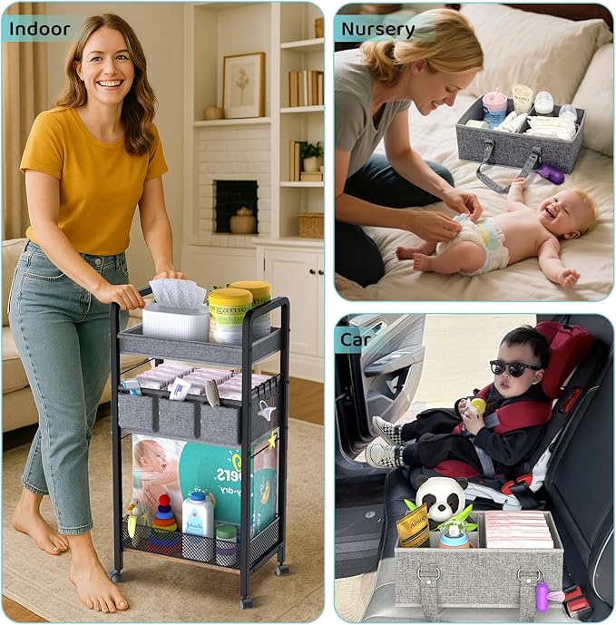 2IN1 Baby Diaper Caddy Organizer-3 Tier Rolling Storage Cart with Dividers - Bedside Diaper Caddy Cart for Baby Nursery Newborn Essentials-Mobile Utility Carts with Wheels for Changing Table-CasaMuseHome
