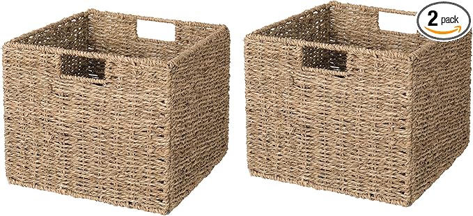 12x12x10in Seagrass Storage Baskets Set of 2, Large Wicker Storage Basket, Decorative Seagrass Shelf Basket, Pantry Baskets Organization,Folding Storage Cube Bins-CasaMuseHome