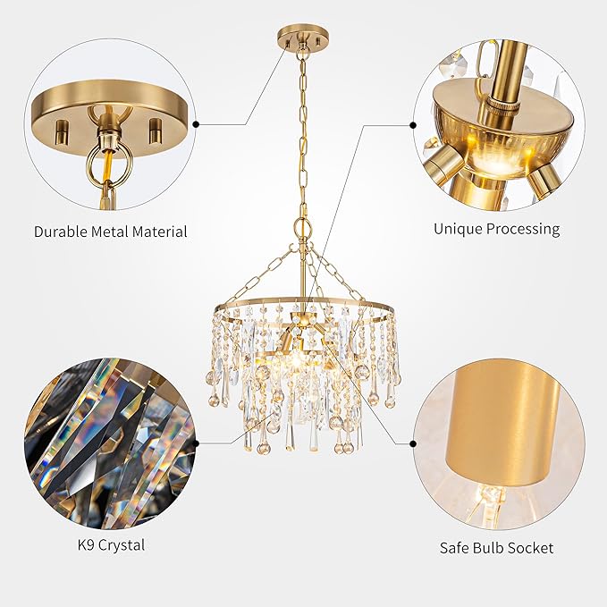 3-Lights K9 Crystal Chandeliers, Luxury Vintage Pendant Light Fixture for Dining Room, Living Room, D15*H20.4~66.8 inch (Adjustable), Clear Crystal & Gold Finish-CasaMuseHome