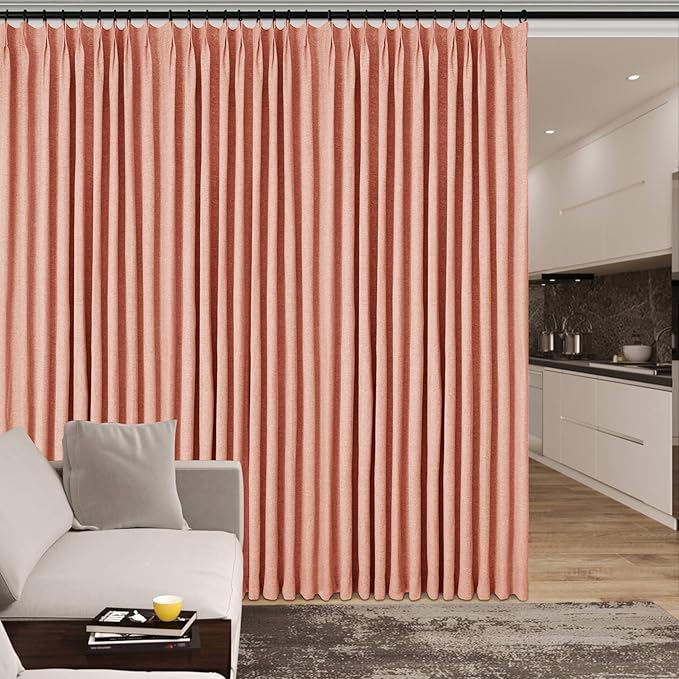 150 Inches Extra Wide Room Divider Draperies, Pinch Pleat Drapes, Absolutely Blackout Sliding Door Drapery, Total Privacy Ceiling Track Curtains, 150" W by 96" L, Orange (1 Panel)-CasaMuseHome