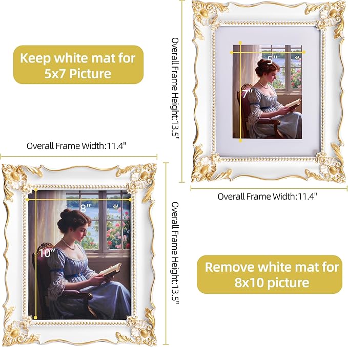 8x10 Vintage Picture Frame with Embossed Flower Design, White Ornate Frame for 8x10 or 5x7 Pictures with White Mat, Hand-Crafted Resin Antique Frames for Tabletop & Wall Hanging, Home Decor (White)-CasaMuseHome