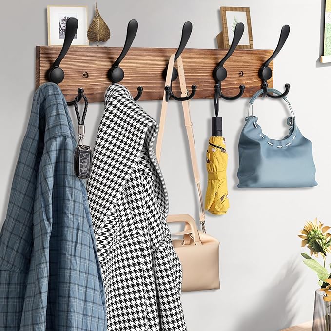 2pcs Coat Rack Wall Mount Wooden Hat Rack for Wall Hooks Pine Real Wood Plank 16.9" Brown Coat Hanger with 5 Triple Hooks for Hanging Coat Hat Jacket-CasaMuseHome