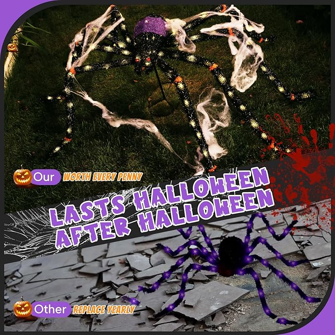 5.5FT Giant Spider Halloween Decorations with 100 LED, Plug-in Pre-Lit Light Up Scary Spider Halloween Decorations, Large Spider Decorations for Outdoor, Yard, Lawn, Exterior Walls-CasaMuseHome
