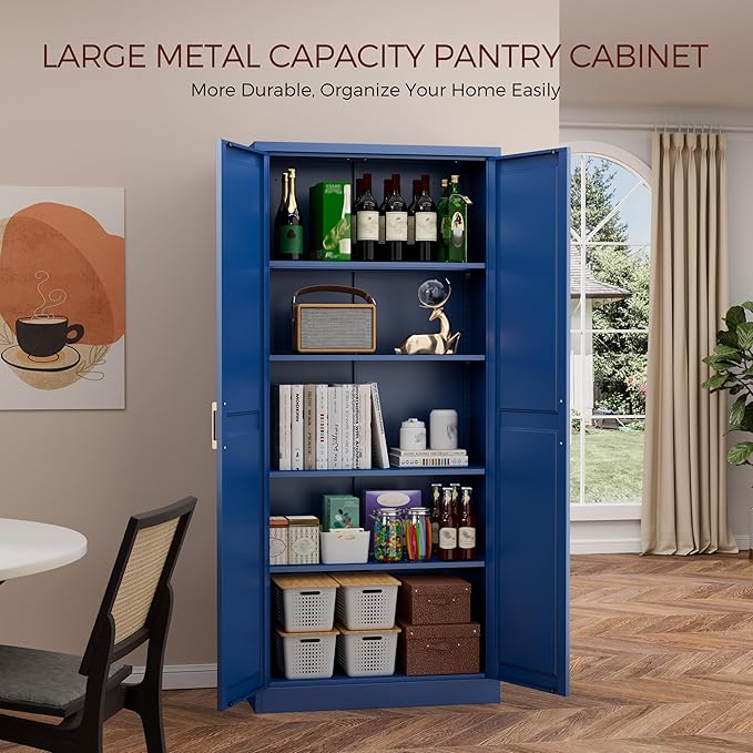 71" Metal Pantry Cabinet, Tall Kitchen Pantry Storage Cabinet with 4 Adjustable Shelves and Gold Handles, Blue Cupboard for Kitchen, Dining Room, Living Room-CasaMuseHome