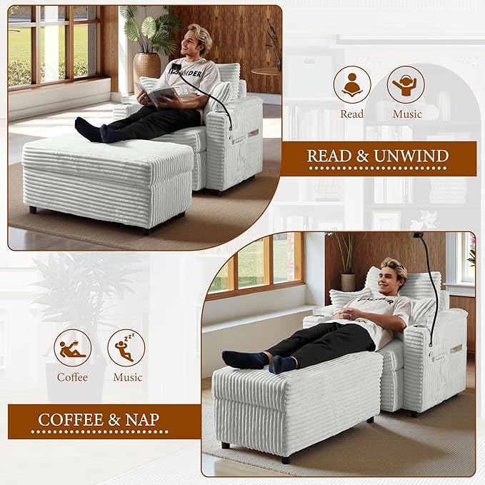 Accent Chair with Storage Ottoman Upholstered Living Room Chairs for Reading Chair with Chaise Lounge Chairs Indoor, Comfortable Armchair for Bedroom-CasaMuseHome