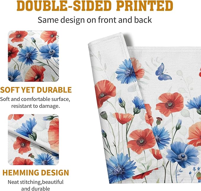 4th of July Floral Placemats Set of 4 Patriotic Summer Red Blue Flowers Linen Fabric Table Mats America Memorial Day Independence Day Place Mats for Party Kitchen Dining Decoration-CasaMuseHome