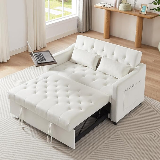 3-in-1 Convertible Sleeper Sofa Bed, Pullout Couch with 360° Swivel Side Table, Modern Chenille Fabric, Easy to Assemble, Folding Loveseat Sofa Bed for Living Room & Guest Room-CasaMuseHome