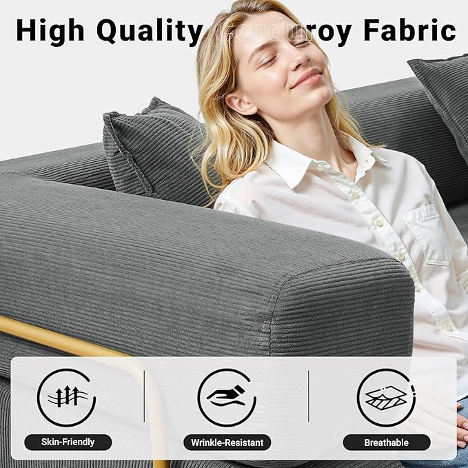108" Oversized Convertible Sleeper Sofa Bed, Corduroy L Shape Sectional Couch, Folding Sofa Bed with Side Pocket, Modern Cloud Floor Mattress Couch, Modular Sofa for Living Room, Grey-CasaMuseHome