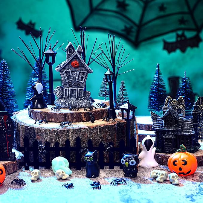 56 Pcs Halloween Village Accessories Set Halloween Haunted House Village Set Miniature Tombstones Tree Fake Spiders Fence Streetlamp Figurines for Home Table Party Decor-CasaMuseHome