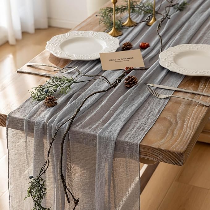 6pcs Dusty Blue Gauze Rustic Cheesecloth Table Runner 120 Inch 10 FT for Wedding Baby Shower Bridal Shower Birthday Engagement Garden Outdoor Party Long Sheer Boho Decorations-CasaMuseHome