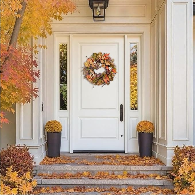 24" Fall Wreath for Front Door Handmade with Artificial Autumn Leaves, Natural Pinecones, Faux Berries and Wheat, Autumn Harvest Wreath Decoration for Home Farmhouse Door Wall Window Porch-CasaMuseHome