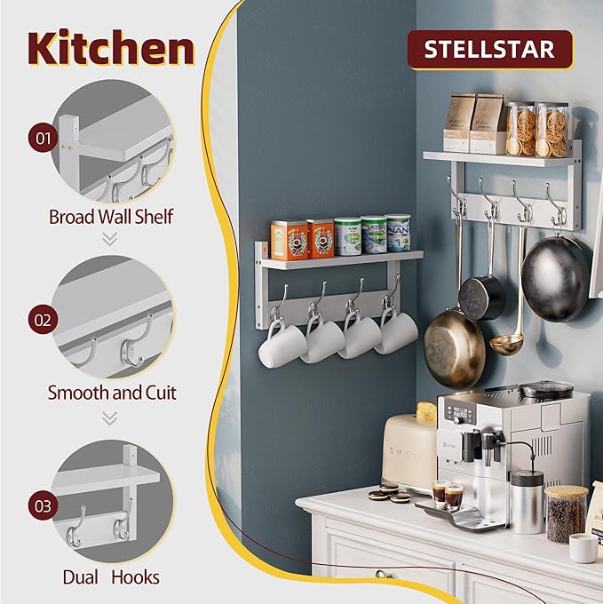 2 Pack Coat Rack Wall Mount, Bamboo Coat Hook with Storage Shelf, Coat Hanger with 8 Dual Hooks, Wall Floating Shelf for Entryway Hallway Kitchen, Bathroom, Bedroom (White+Slive)-CasaMuseHome