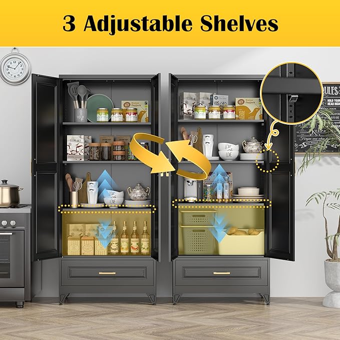 75" Kitchen Pantry Cabinet with Drawer, Metal Storage Cabinets with Doors and 4 Adjustable Shelves,Black Kitchen Cabinet with 2 Gold Handles,Food Cupboard for Livingroom,Pantry-CasaMuseHome