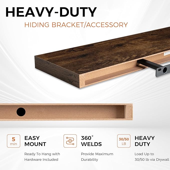 36Inch Floating Shelves for Wall 2 Pack Wood Shelves for Kitchen, Bathroom, Bedroom Wall Mounted Rustic Wood Floating Shelf with Invisible Brackets for Books, Storage, Decor, Rustic Brown-CasaMuseHome