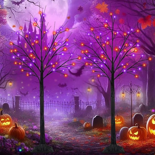 2Pack 5FT 200LED Black Halloween Tree Lights, Timer Function Lighted Black Trees with Purple and Orange Lights, Spooky Trees Light for Indoor Outdoor Halloween Decorations-CasaMuseHome
