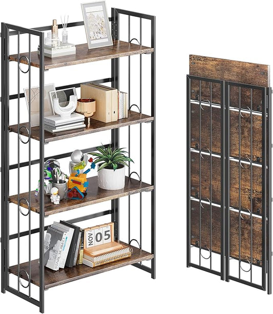 4NM No Assembly 4 Tiers Folding Bookshelf, 47.2" H Foldable Storage Shelves Vintage Bookcase Standing Racks Study Organizer Home Office - Rustic Brown Black-CasaMuseHome
