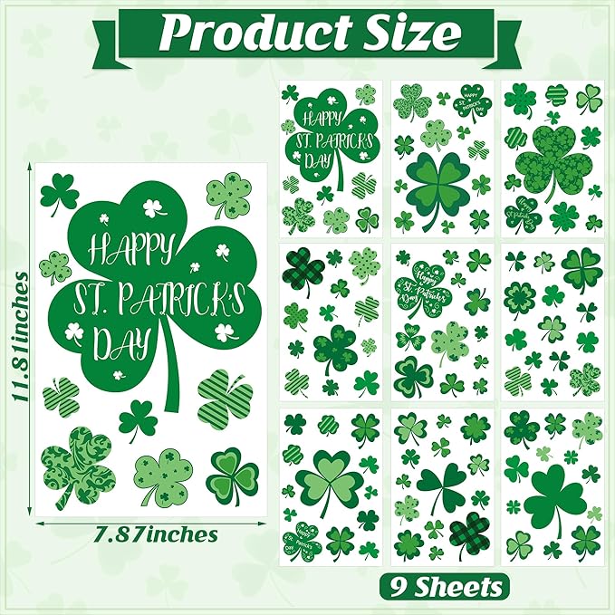 9 Sheets St Patricks Day Window Clings, 115 PCS St Patrick's Day Shamrock Window Stickers for St Patricks Day Decorations, Green Static Spring Window Clings for Glass Windows St Patricks Day Decor-CasaMuseHome