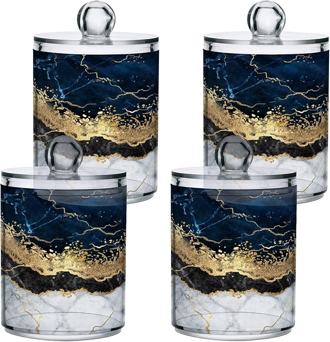 2 Pack Qtip Holder Dispenser Navy Blue Marble Bathroom Storage Canister Lid Acrylic Plastic Apothecary Jar Set Vanity Makeup Organizer for Cotton Swabs/Pads/Floss-CasaMuseHome