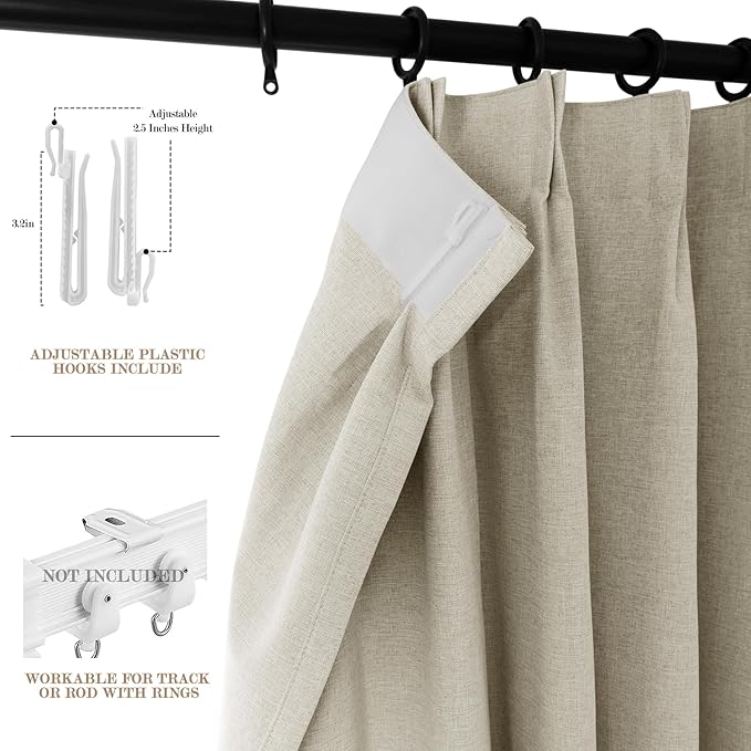 70" W x 108" L Faux Linen Room Divider Curtains, Full Blackout Pinch Pleated Drapes for Traverse Rod, Bedroom Divider Privacy Drapery with Hooks for Ceiling Track, 1 Panel, Ivory White-CasaMuseHome