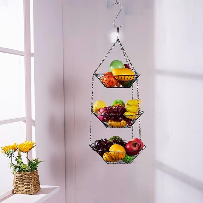 3-Tier Wire Fruit Hanging Basket 2 Packs,non-Punching Wall Hanging Storage,Kitchen Bathroom Organization Basket,Suitable for Bathroom,Kitchen,Closet,Garden,Black-CasaMuseHome