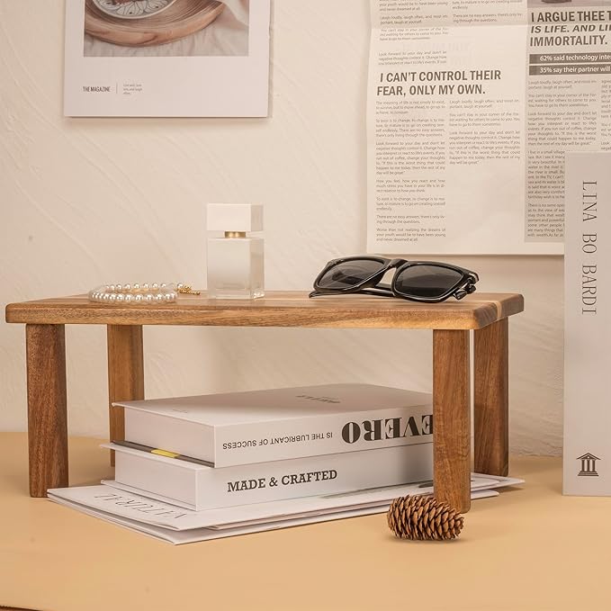 Acacia Wooden Desktop Organizer Shelf Kitchen Cabinet and Counter Riser Display Shelf for Top of Desk Home Office Bathroom Coffee Table Display Stand-CasaMuseHome