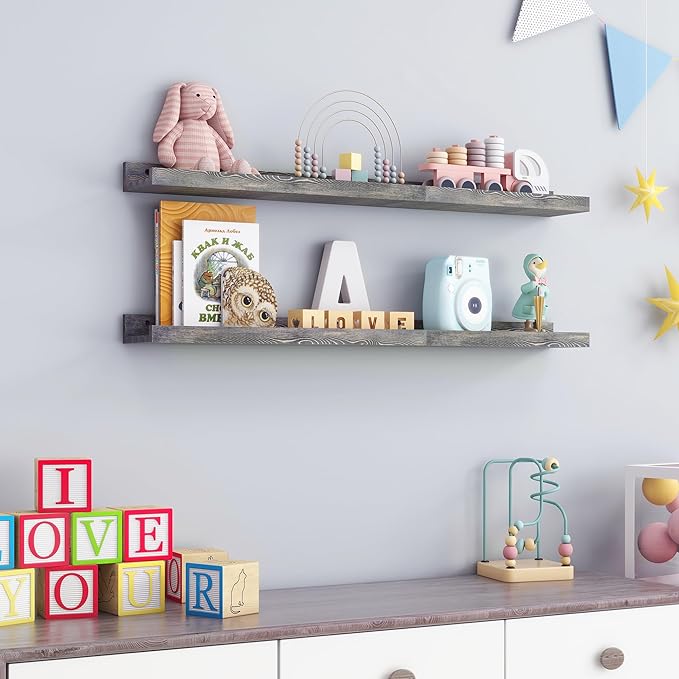 36 Inches Floating Shelves for Wall, Solid Pine Wood Picture Ledge Shelves, Wall Shelves with Lips, Nursery Book Shelves for Toys Storage Living Room Bedroom Photo Frames (2 Pcs, Grey)-CasaMuseHome