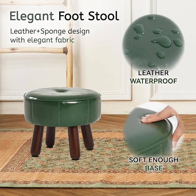 13in Small Foot Stool Ottoman, Round Faux Leather Foot Rest for Couch, Under Desk Pouf Footstool Footrest with Non-Skid Rubber Legs for Ling Room, Bedroom, 13''L x 13''W x 10.2''H, Green-CasaMuseHome