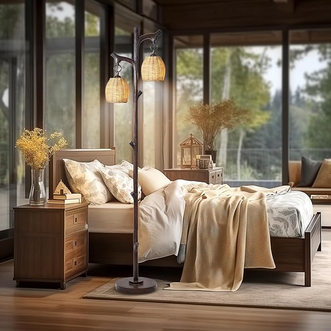 68" High Farmhouse Rustic Country Cottage Floor Lamp Tree Trunk Faux Wood Column Dark Bronze Wicker Drum Shade Decor for Living Room Bedroom Reading Room-CasaMuseHome