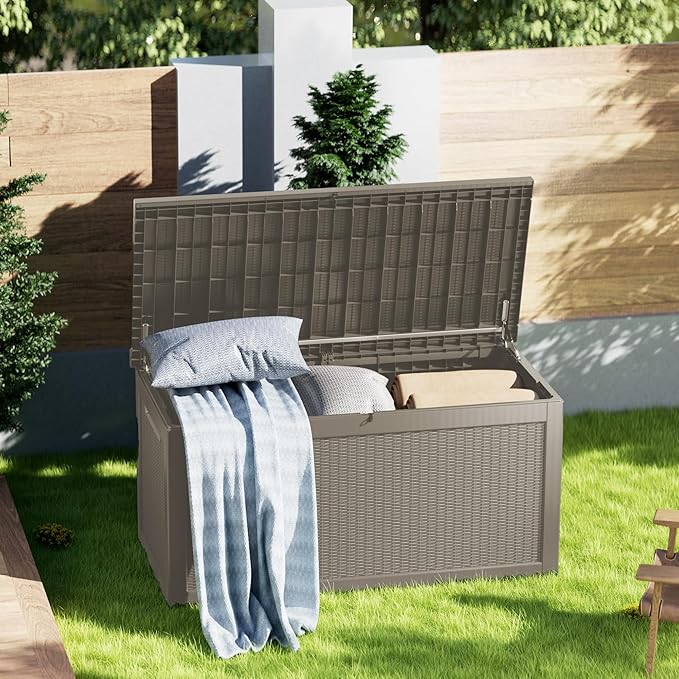 320 Gallon Lockable Resin Deck Box, Waterproof & UV-Resistant Outdoor Storage Box for Outdoor Cushion Storage, Garden Tools & Pool Accessories Storage, Gray-CasaMuseHome